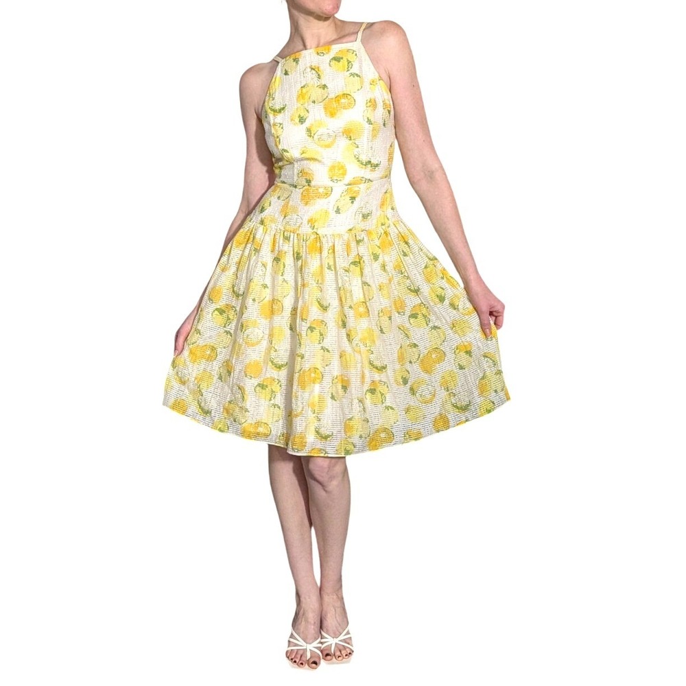 Ann Taylor Lemon Print Fit Flare Dress Yellow White Summer Sundress Size 2